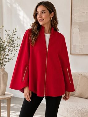 crown & ivy Red Zip-Front Cape Sweater with Gold Zippers